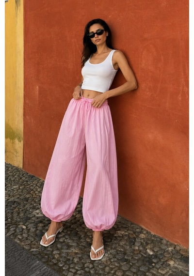 Dokuma Pembe Beli Bağcıklı Paçası Lastikli Balon Pantolon Sh390 S