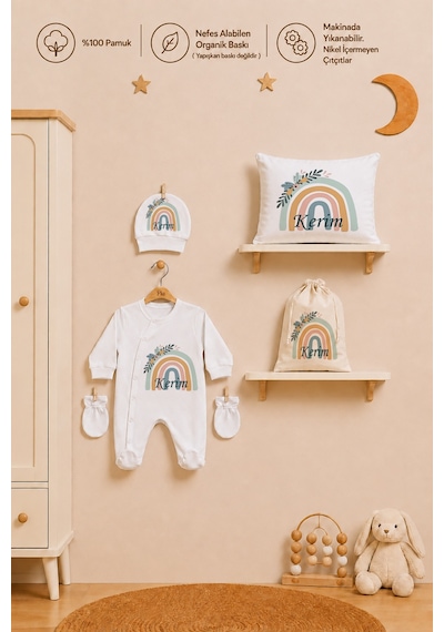 Pia Baby Erkek Bebek %100 Pamuk Hediye Seti 6 Lı İsimli Keseli Tulum Şapka Eldiven Battaniye Ve Yastık Kılıfı 1074tybk3x Krem