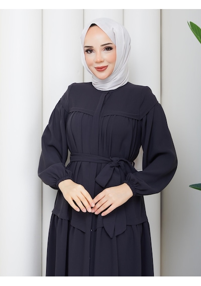 Eslemnur Elbise Günlük Düğmeli Bağlama Detaylı Füme