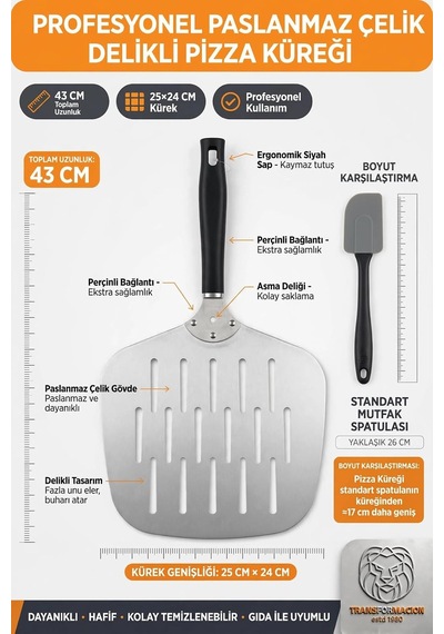 Delikli Pizza Küreği 18/10 Çelik 25x24 Cm Kısa Saplı Ev Tipi Taş Fırın Pizza Pateli 723461 Diğer