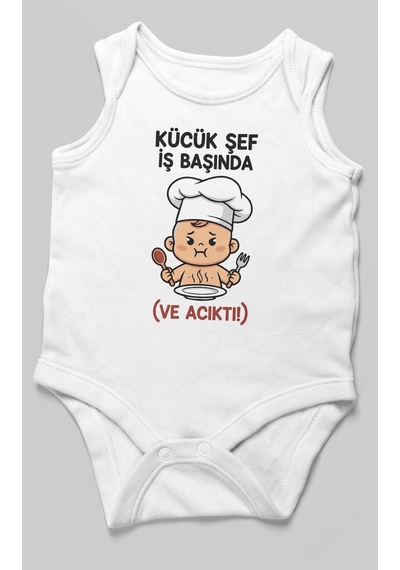 Küçük Şef İş Başında Ve Acıktı Baskılı Bebek Zıbını Çıtçıtlı Body 8 Renk %100 Pamuk Sıfır Kol Beyaz