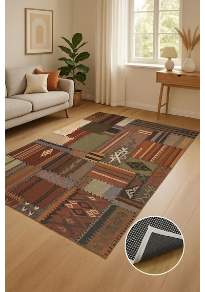Patcwork Desen Renkli Modern Halı Dekoratif Kilim Bordo