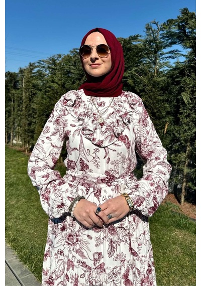 Rabia Şamlı Botanik Elbise Bordo Normal