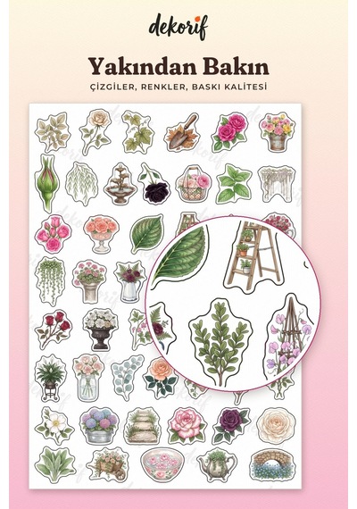Gül Ve Demet Sticker Seti 100 Adet - Nostaljik Çiçekler Yapraklar Ve Tomurcuklar Botanik Çıkartma Çok Renkli