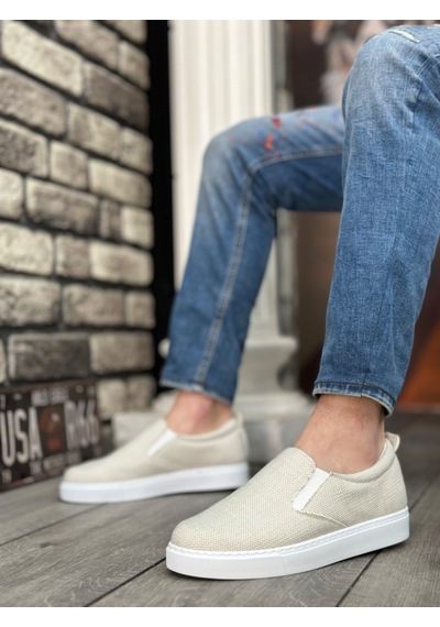 Ba0339 Bağcıksız Keten Krem Beyaz Taban Günlük Erkek Ayakkabı Krem