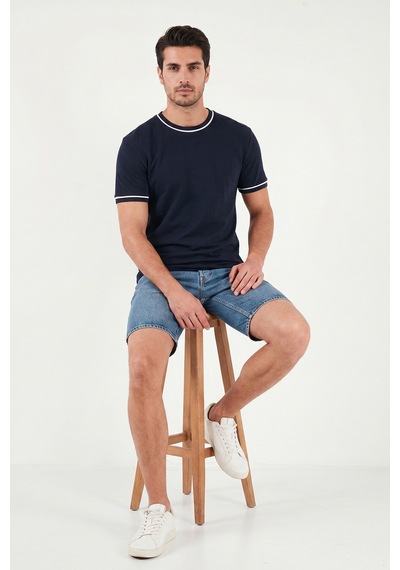 Buratti Pamuklu Bisiklet Yaka Kontrast Şeritli T Shirt Erkek T Shirt 5904034 İndigo