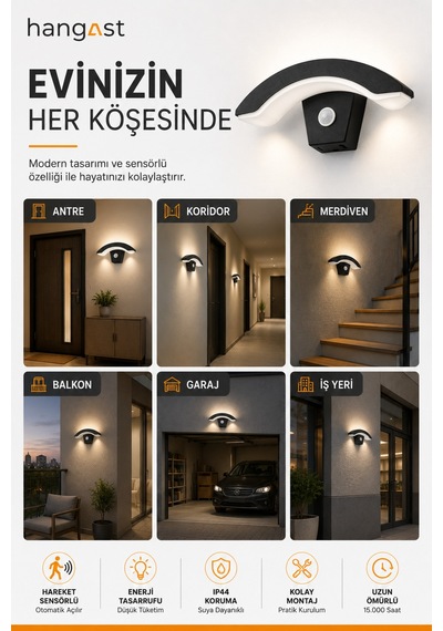 Sensörlü Yarım Ay Led Aplik 24w 1800 Lm 3200k Sıcak Beyaz Hareket Sensörlü Duvar Lambası Siyah