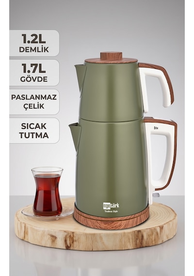Egetürk TeaDem Style Ahşap Görünümlü Çay Makinesi Çaycı 2000W 1.7L Kettle 1.2L Demlik 304 Çelik Gövde Neft Yeşili
