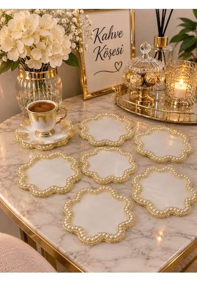 Kahve Sunum Pedi El Yapımı İnci Ve Gold Detaylı 15x15 Ölcü 5 Adet