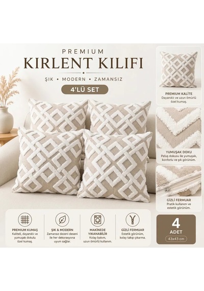 Premium Kırlent Kılıfı 4'lü Set 43x43 Cm Geometrik Bej-beyaz