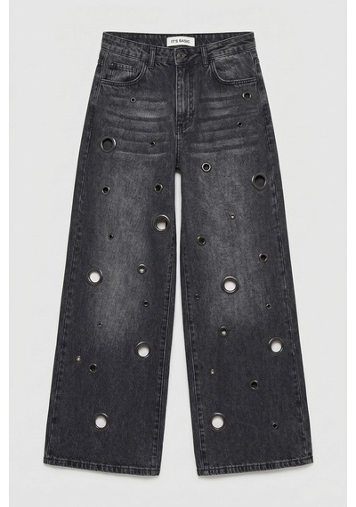 Itsbasic Kadın Koyu Füme 2s6-1 Baggy Fit Kuş Gözü Tasarım Denim Jean