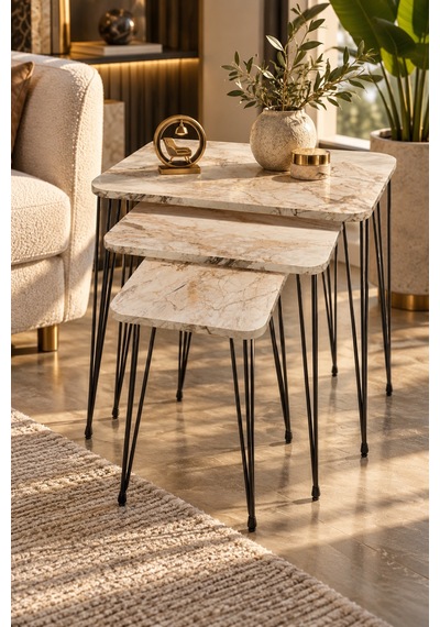 Odera Beyaz Mermer Desenli Orta Sehpa Ve Zigon Sehpa 4'lü Set Metal Tel Ayaklı Modern Salon Sehpası Diğer