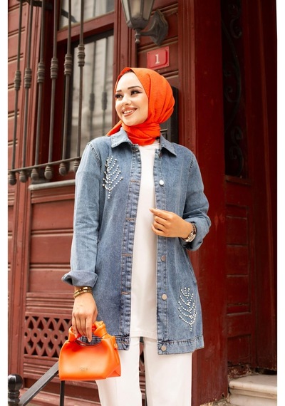 Harman Butik Kadın Boncuk Detaylı Denim Kot Ceket Mavi Mavi