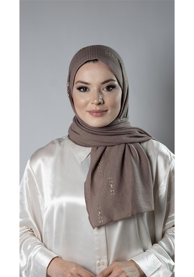 Hürrem Bone Koyu Vizon Pratik Hazır Geçmeli Tesettür Şal Örme Kumaş Taşlı Yıldız Desenli 2118y 38