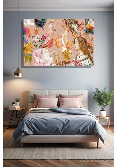 Çiçek Motiflerinden Oluşan Vintage Tarzda Dijital Kolaj Baskılı Yatay Kanvas Tablo 4352 Çok Renkli