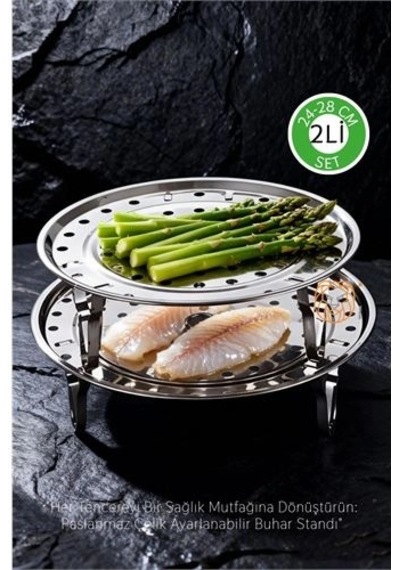 2'li Set Inox Çelik Ayaklı Buharlı Pişirme Aparatı - 24+28 Cm Çok Amaçlı Tencere İçi Haşlama Standı 0