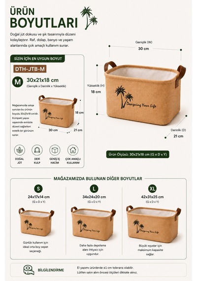 Jüt Kumaş Düzenleyici Sepet 30x21x18 Cm Açık Ağızlı Organizer Sepeti Raf Dolap Banyo Düzenleyici Doğal