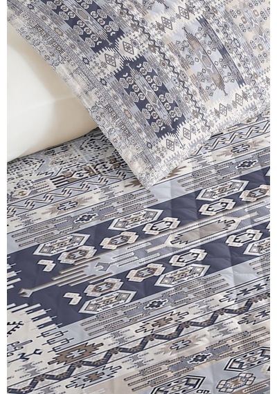 Geometrik Bohem Mavi Tek Kişilik Pike Takımı - Etnik Modern Gri 160x220 Cm Kapitone Yatak Örtüsü Lavantaımsı Kum Aralığı