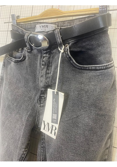 Ymr Moda Gri Kemerli Mom Kadın Kot Pantolon 23438-24 34 -32 42