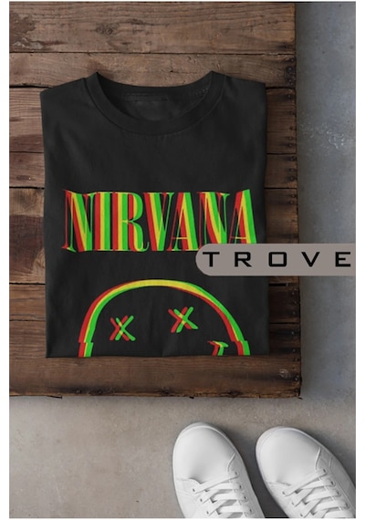 Startmore Unısex Kadın Erkek Nırvana Halüsinasyon %100 Pamuk Baskılı Siyah Beyaz T-shirt Siyah