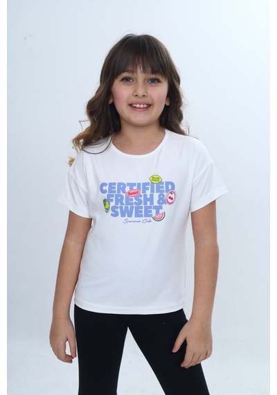 Toontoy Kids Toontoy Kız Çocuk Bisiklet Yaka Düşük Omuz Kısa Kollu Baskılı Tişört 24976 Ekru