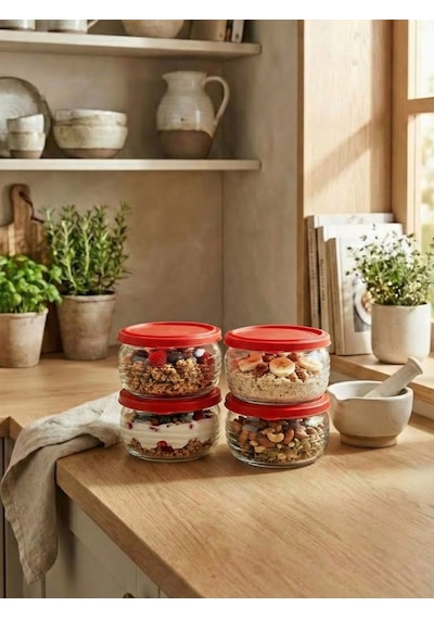 Leelahome 4'lü Set Kapaklı Cam Saklama Kabı 415 Ml - Kırmızı Kırmızı