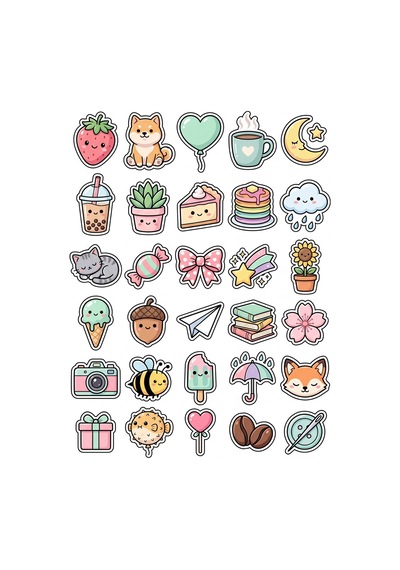 30 Adet Pastel Sevimli Tasarım Sticker Seti - Laptop Defter Telefon Ajanda Çok Renkli