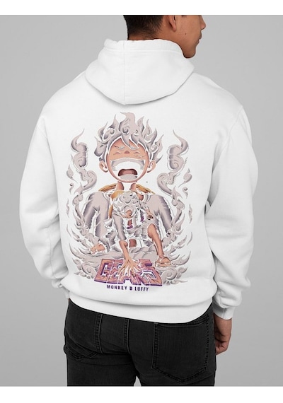 Sevbano Monkey D Luffy Gear 5 Baskılı Unisex Oversize Anime Hoodie Beyaz