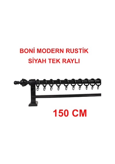 Boni Modern Rustik Ahşap Rustik Perde Askısı Tek Raylı-siyah 150 Cm Siyah