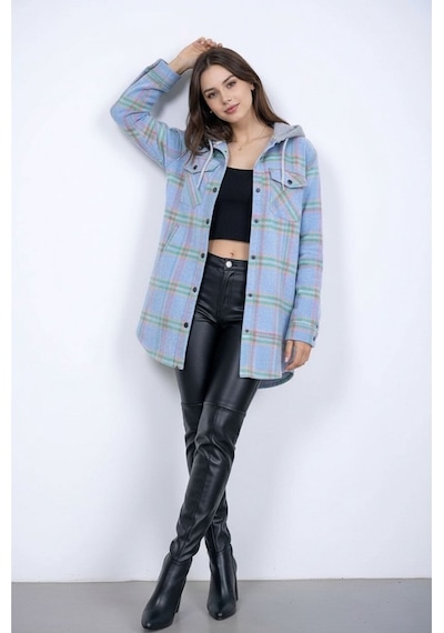 Mamayaga Kadın Desen Bloklu Oduncu Oversize Geniş Kalıp Casual Cepli Kapüşonlu Uzun Boy Ceket Gömlek Bebe Mavisi Mamayaga Kadın Desen Bloklu Oduncu Oversize Geniş Kalıp Casual Cepli Kapüşonlu Uzun Boy Ceket Gömlek Bebe Mavisi