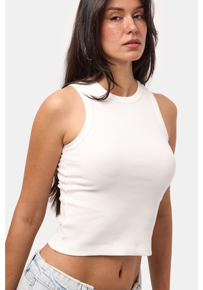 Kadın Ekru S6-101 Sıfır Kol Esnek Kumaş Crop Top