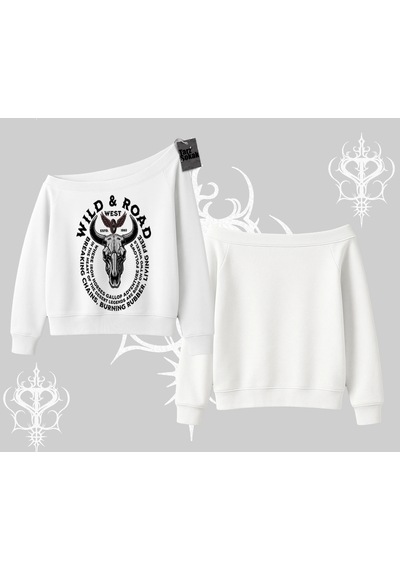 Startmore Kayık Yaka Sweatshirt Wild & Road Western Skull Biker Street Culture Beyaz