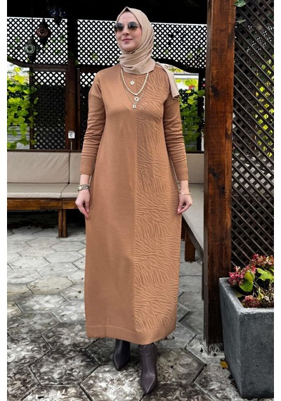 Rabia Şamlı Zebra Desen Triko Elbise Camel Normal