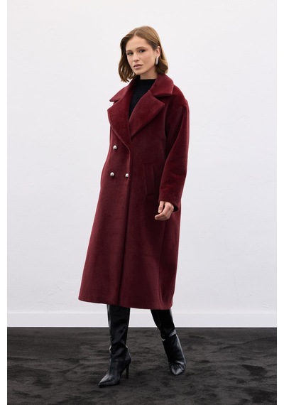 Sateen Uzun Düğme Detaylı Kaban - Bordo-138137