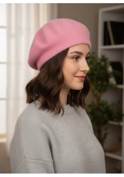Derikem Fransız Tüylü Peluş Ressam Bere Kadın Şapka Pembe
