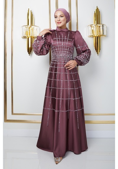 Olcay Önü Ve Kolları Taş Ve Pul Bezeli Kloş Saten Tesettür Abiye Elbise Gül Kurusu 1675 Olcay Önü Ve Kolları Taş Ve Pul Bezeli Kloş Saten Tesettür Abiye Elbise Gül Kurusu 1675
