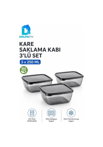 3 Lü Kare Saklama Kabı Seti 3x250 Ml Füme Şeffaf Siyah Kapaklı Bpa İçermez