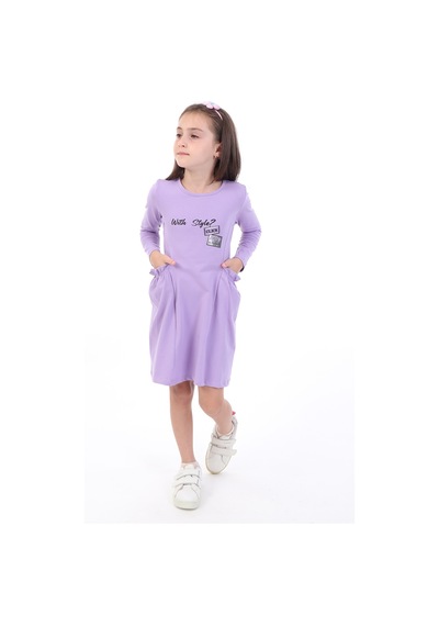 Toontoy Kız Çocuk Baskılı Relax Fit Bisiklet Yaka Uzun Kollu Cepli Elbise - Lila