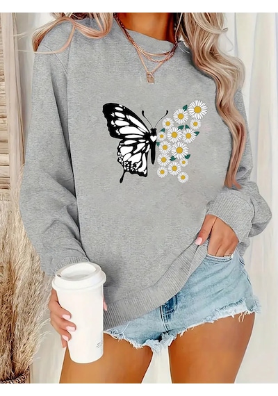 Uyguntarz Unisex Papatya Kelebek Baskılı Tasarım Oversize Sweatshirt Gri
