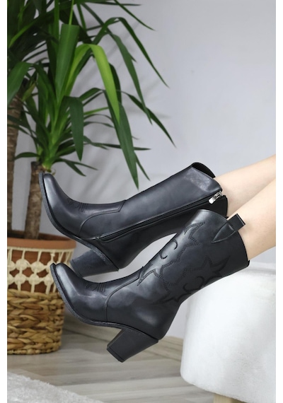 Asmi Shoes Kadın Siyah Cilt Kovboy 7 Cm Topuklu Fermuarlı Çizme Siyah Siyah