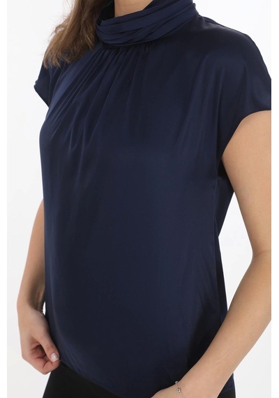 Yaka Drape Detaylı Saten Bluz 01-lacivert Lacivert