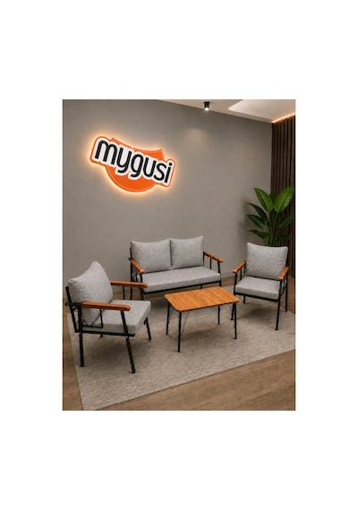 Mygusi Erva Serisi Balkon, Bahçe, Cafe - Metal Kanepe Koltuk Takımı - 211 40 70 Sehpalı - Açık Gri