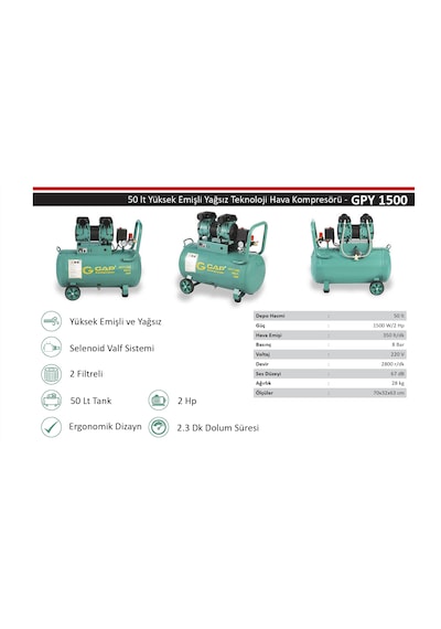 Gap Kompresör Gpy1500 2 Hp 8 Bar 50 Lt Sessiz Yağsız Kompresör