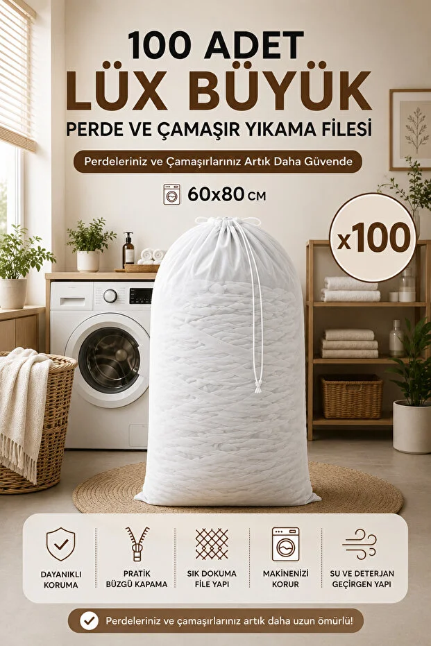100 Adet Büyük 60x80 Perde Ve Çamaşır Yıkama Filesi Beyaz