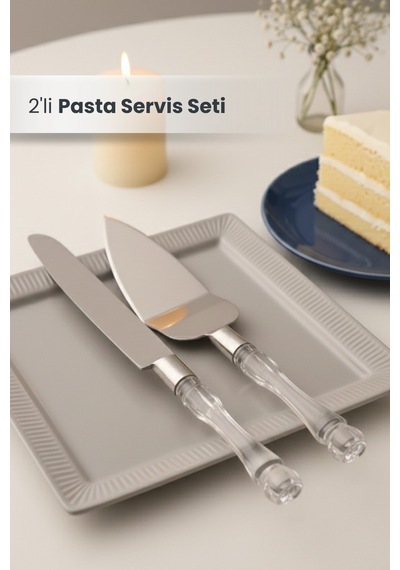 2'li Kristal Saplı Pasta Servis Seti Spatula Bıçak Sunum Servis Seti