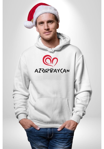 Azerbaycan Seviyorum I Love Azarbaycan Kadın Erkek Beyaz Kapüşonlu Sweatshirt Hoodie Beyaz