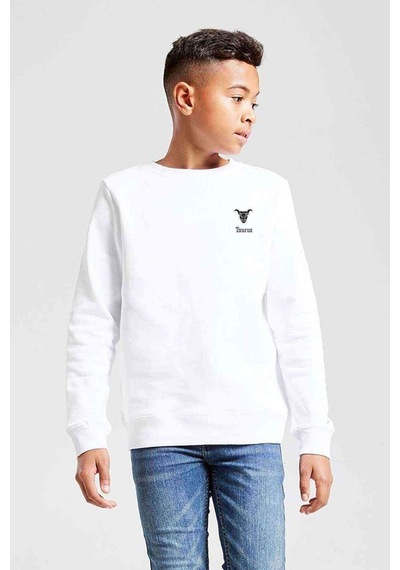 Tshirthane Boğa Burcu Baskılı Unisex Çocuk Beyaz Sweatshirt Beyaz