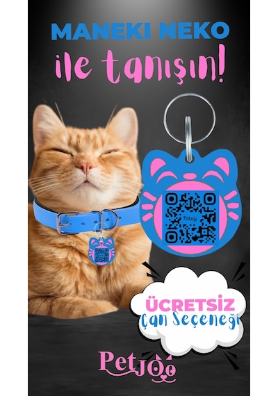 Petjoo 4.Maneki Neko Pembe-Mavi Qr'lı Kedi Künyesi
