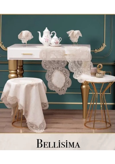 Krem Bellisima Model 5 Parça Velvet Kadife Dantelli Masa Örtüsü Runner Seti