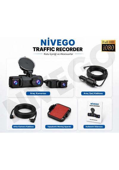 Nıvego Çift Kameralı Araç İçi Kamera Full Hd 1080p, Wifi, Gece Görüş, 180 Geniş Açı, G-sensör, 64gb Destekli Dash Cam